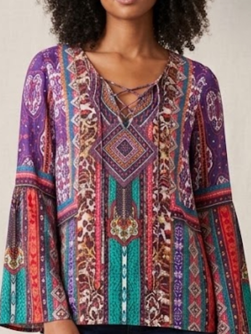 Hale Bob Purple Multi-Print Lace-Up Boho Tunic. EUC -like new